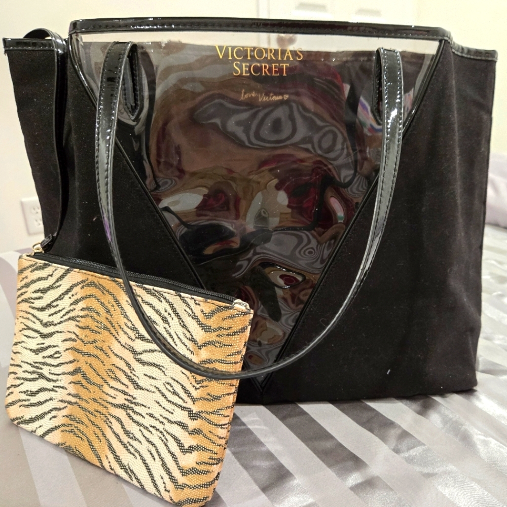 3/55$ - Victoria's Secret Black Tote with Zebra Print Pouch
